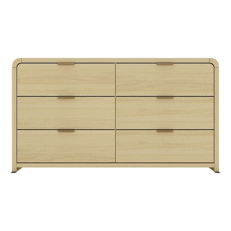 Grace Modern 60 Double Dresser with 6 Drawers in Natural Oak and Gold