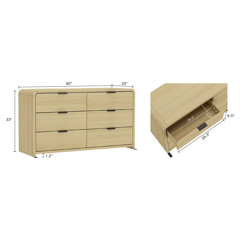Grace Modern 60 Double Dresser with 6 Drawers in Natural Oak and Black