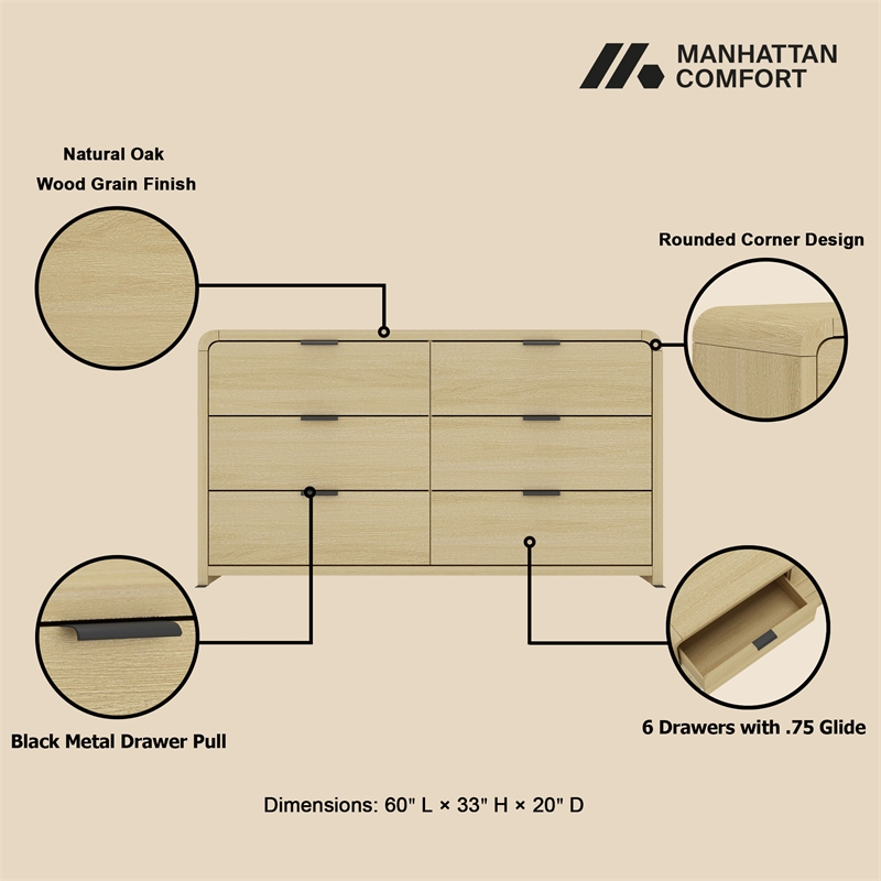 Grace Modern 60 Double Dresser with 6 Drawers in Natural Oak and Black