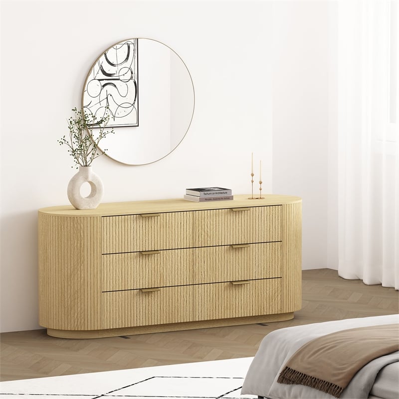 Olivia Modern 71.3 Double Dresser with 6 Drawers in Natural Oak and Gold