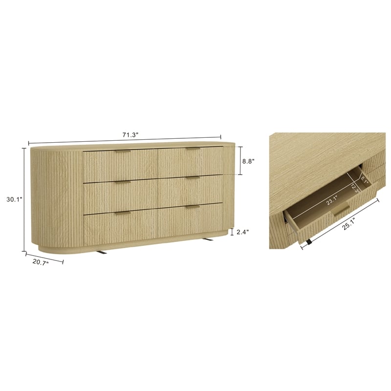 Olivia Modern 71.3 Double Dresser with 6 Drawers in Natural Oak and Gold