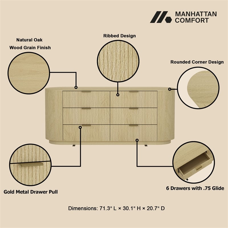 Olivia Modern 71.3 Double Dresser with 6 Drawers in Natural Oak and Gold