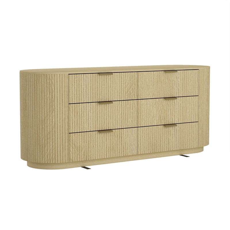 Olivia Modern 71.3 Double Dresser with 6 Drawers in Natural Oak and Gold