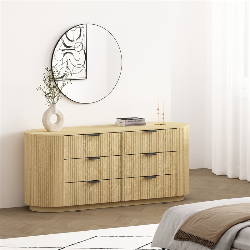 Olivia Modern 71.3 Double Dresser with 6 Drawers in Natural Oak and Black