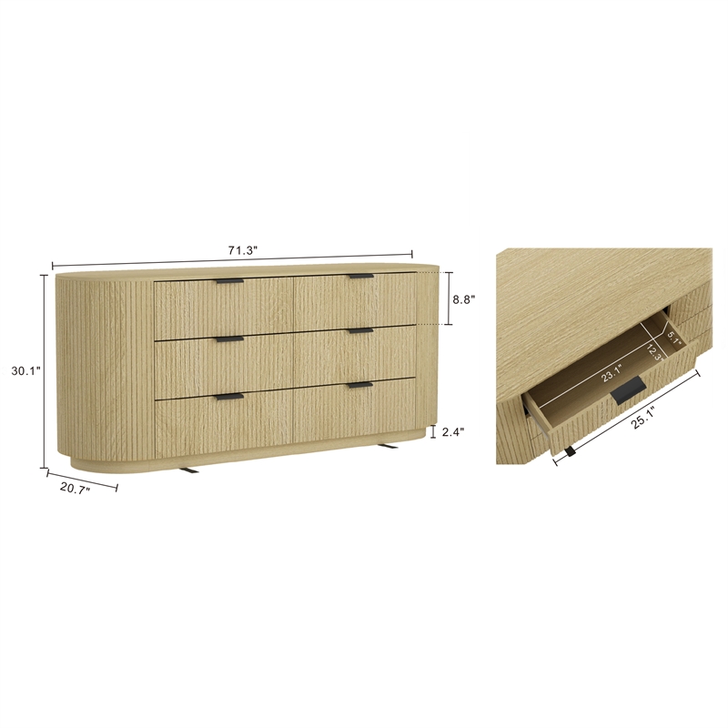 Olivia Modern 71.3 Double Dresser with 6 Drawers in Natural Oak and Black