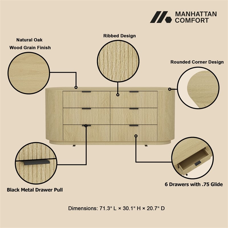 Olivia Modern 71.3 Double Dresser with 6 Drawers in Natural Oak and Black
