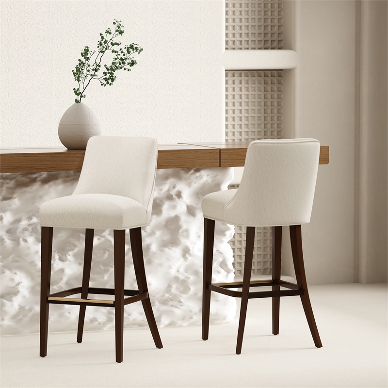 Beever Cream Chenille Barstool with Rubberwood Legs - Set of 2
