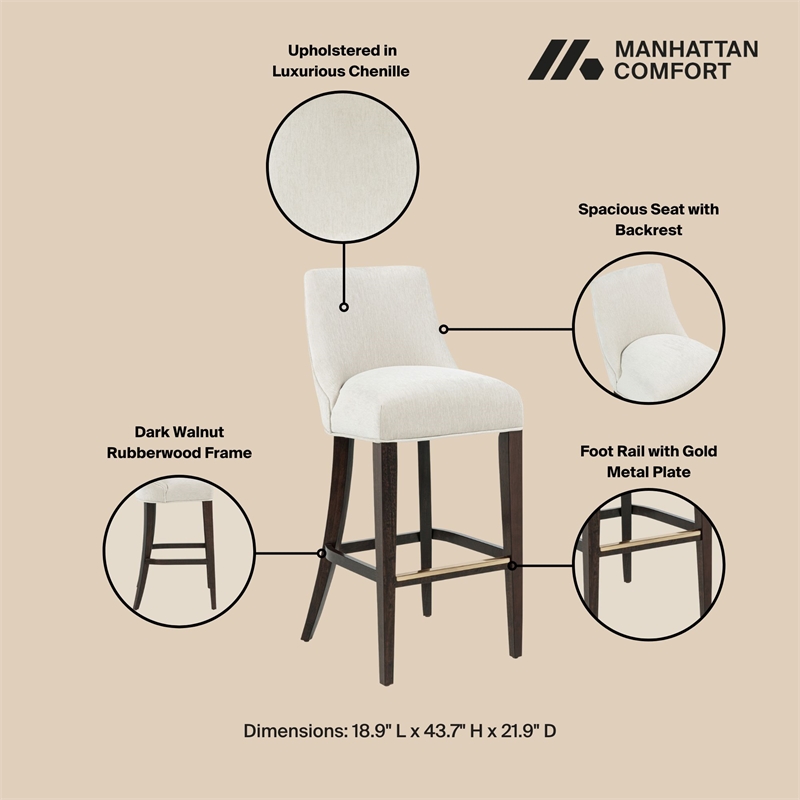 Beever Cream Chenille Barstool with Rubberwood Legs - Set of 2