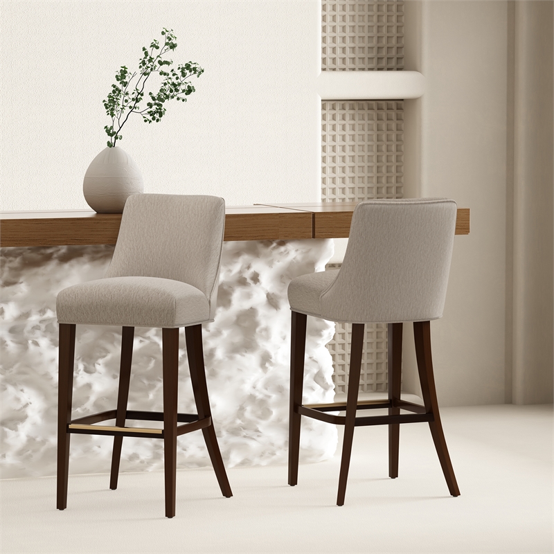 Beever Taupe Chenille Barstool with Rubberwood Legs - Set of 2