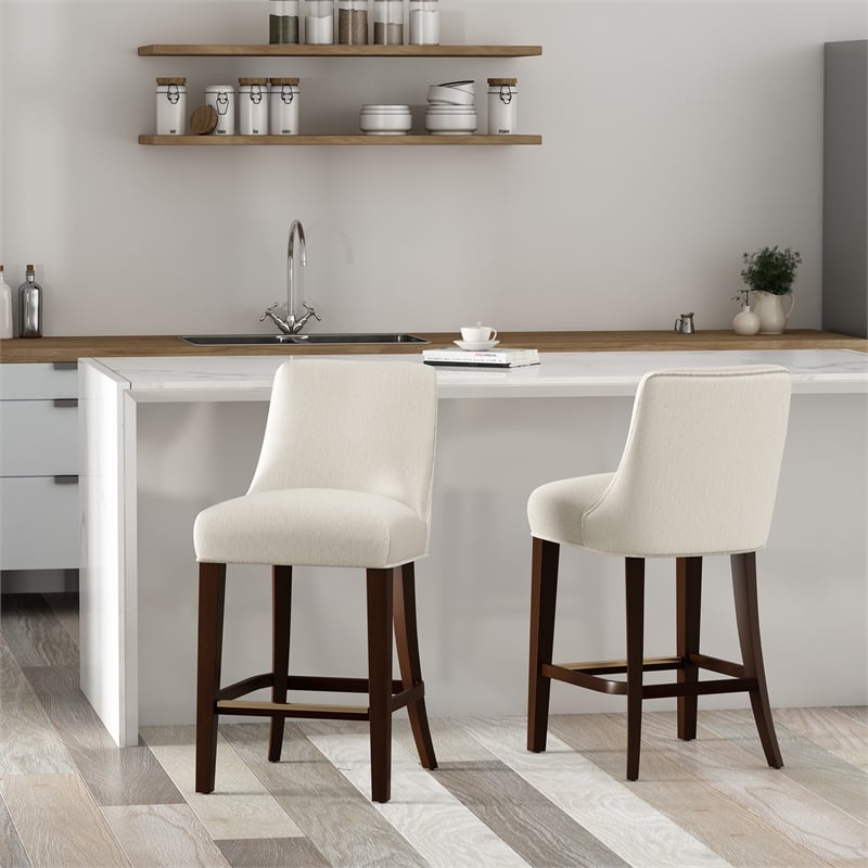 Beever Cream Chenille Counter Stool  with Rubberwood Legs - Set of 2