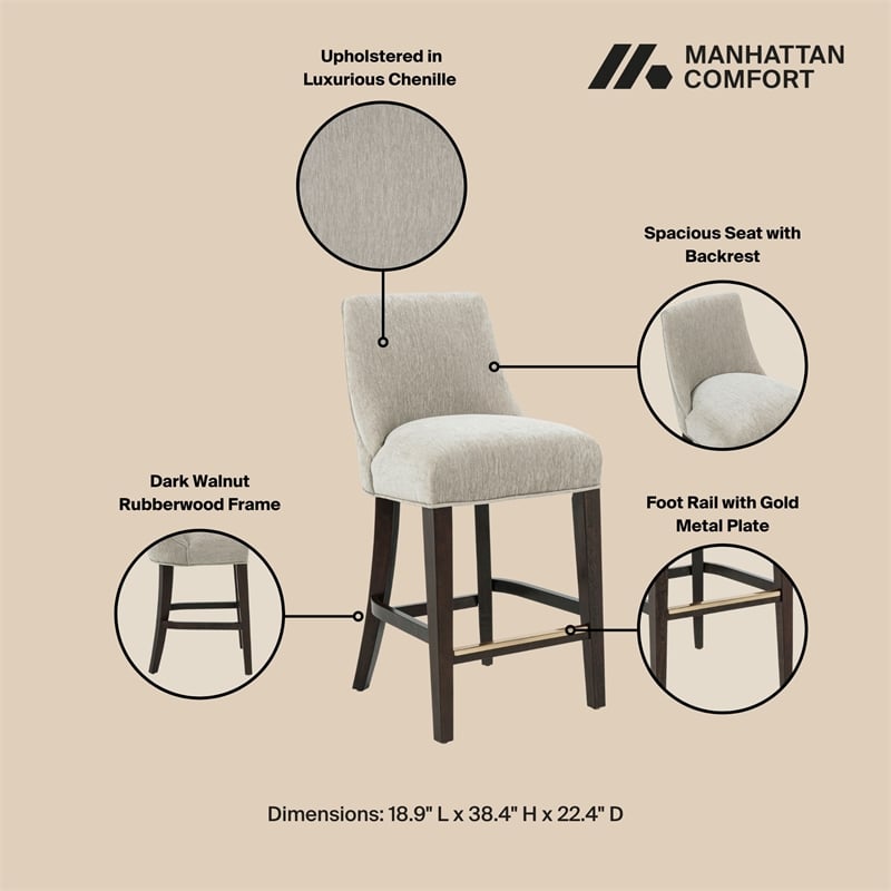Beever Taupe Chenille Counter Stool  with Rubberwood Legs - Set of 2