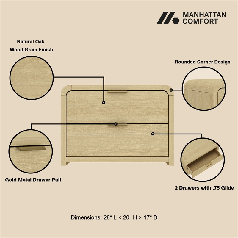 Grace Modern Nightstand with 4 Drawers in Natural Oak and Gold - Set of 2