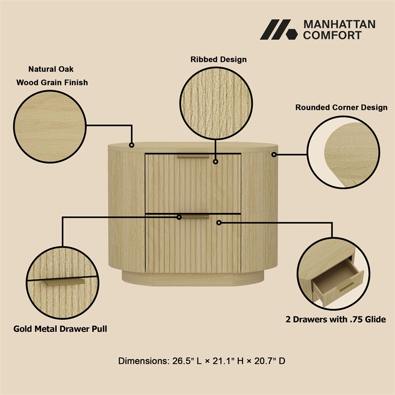Olivia Modern Nightstand with 4 Drawers in Natural Oak and Gold - Set of 2