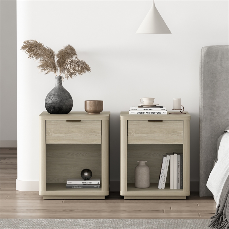 Evelyn Modern Nightstand with Full Extension Drawer in Natural (Set of 2)