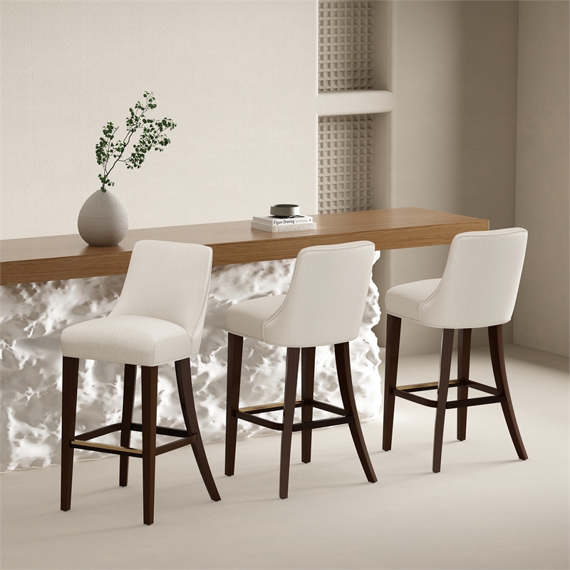 Beever Cream Chenille Barstool with Rubberwood Legs - Set of 3
