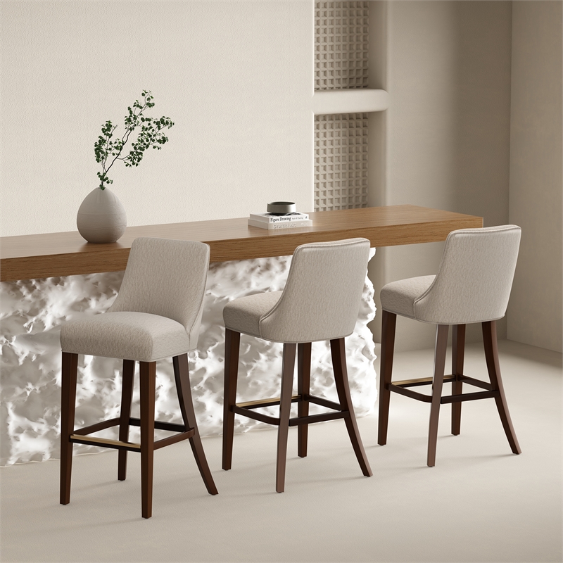 Beever Taupe Chenille Barstool with Rubberwood Legs - Set of 3