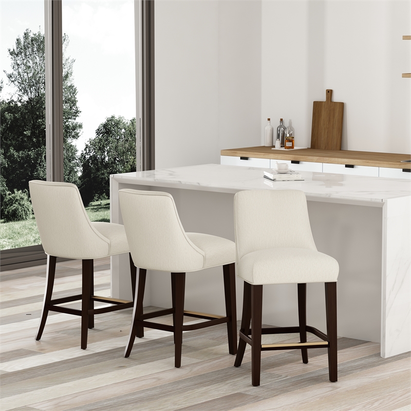 Beever Cream Chenille Counter Stool  with Rubberwood Legs - Set of 3