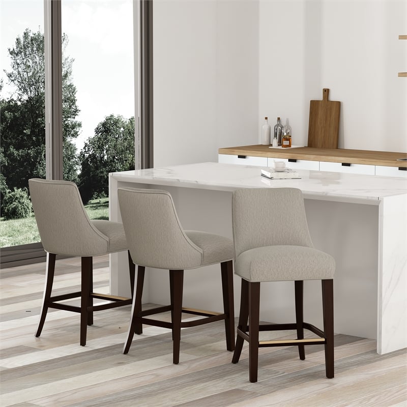 Beever Taupe Chenille Counter Stool  with Rubberwood Legs - Set of 3