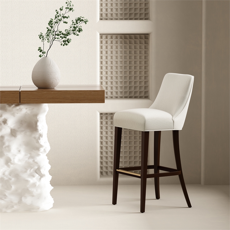 Beever Cream Chenille Barstool with Rubberwood Legs