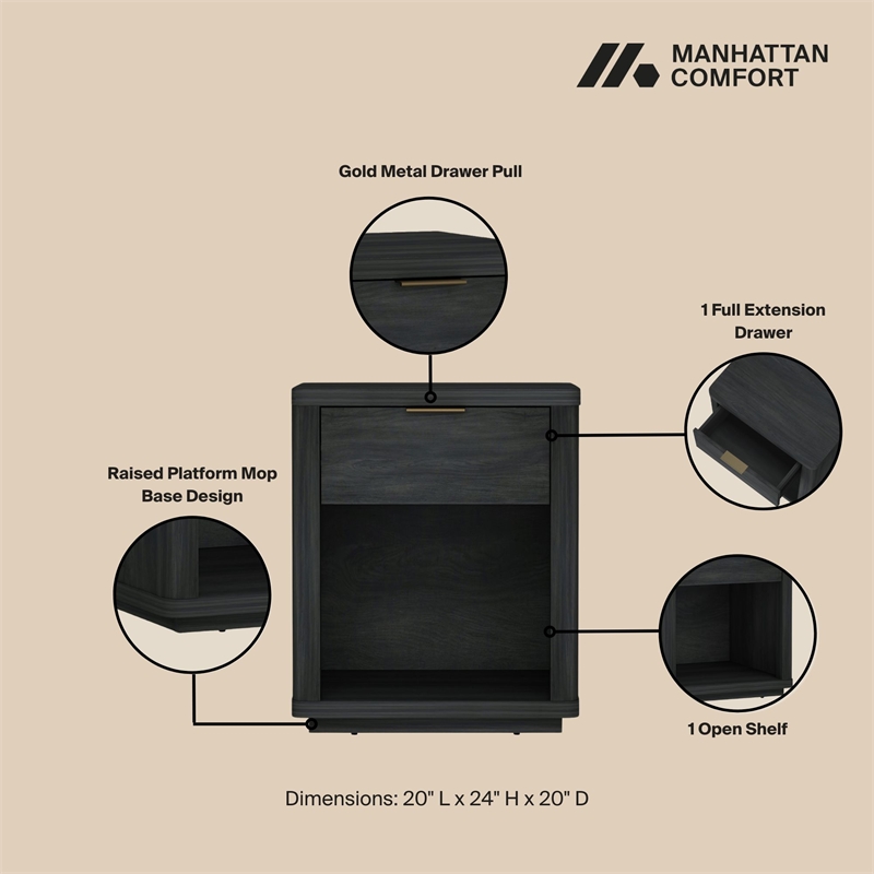 Evelyn Modern Nightstand with 1 Full Extension Drawer in Charcoal Grey