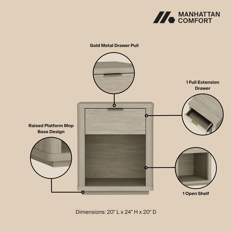 Evelyn Modern Nightstand with 1 Full Extension Drawer in Natural