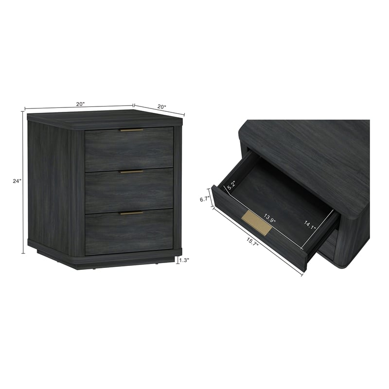 Evelyn Modern Nightstand with 3 Full Extension Drawers in Charcoal Grey