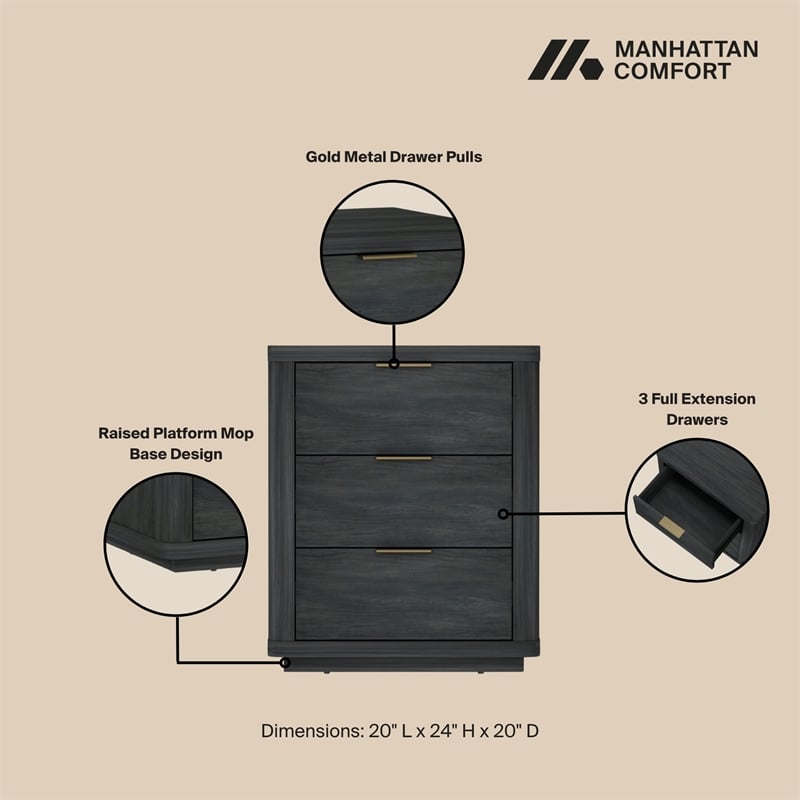 Evelyn Modern Nightstand with 3 Full Extension Drawers in Charcoal Grey