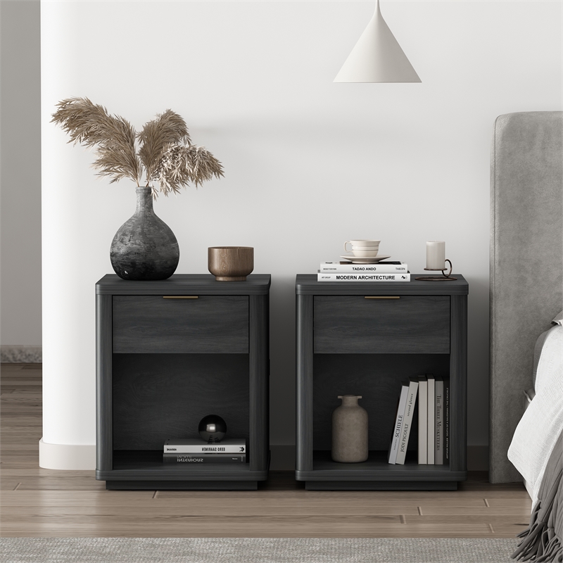 Evelyn Modern Nightstand with 2 Full Extension Drawers in Grey - Set of 2