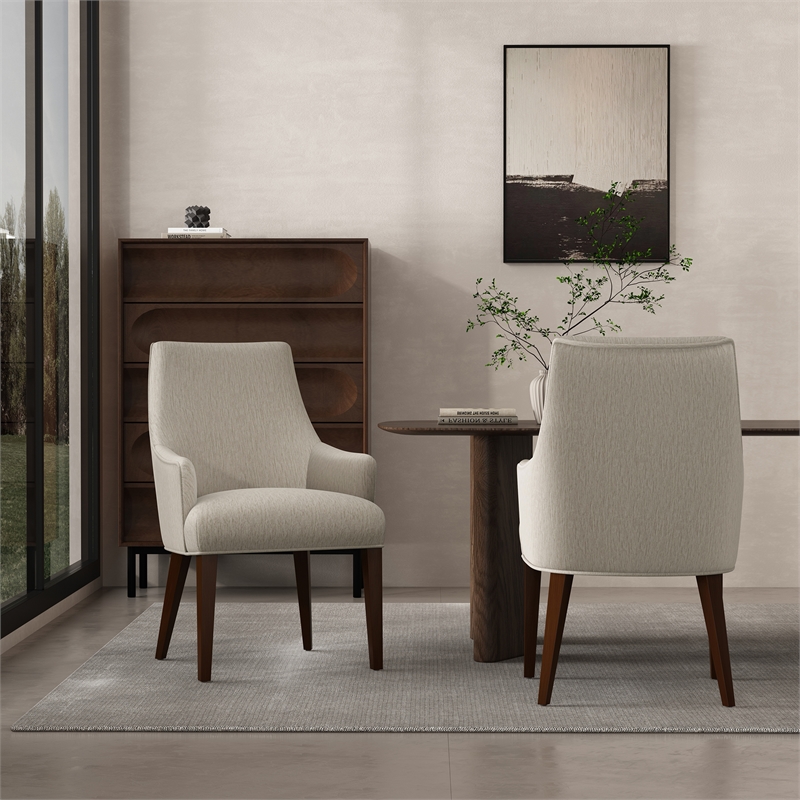 Beever Taupe Chenille Dining Armchair with Rubberwood Legs - Set of 2