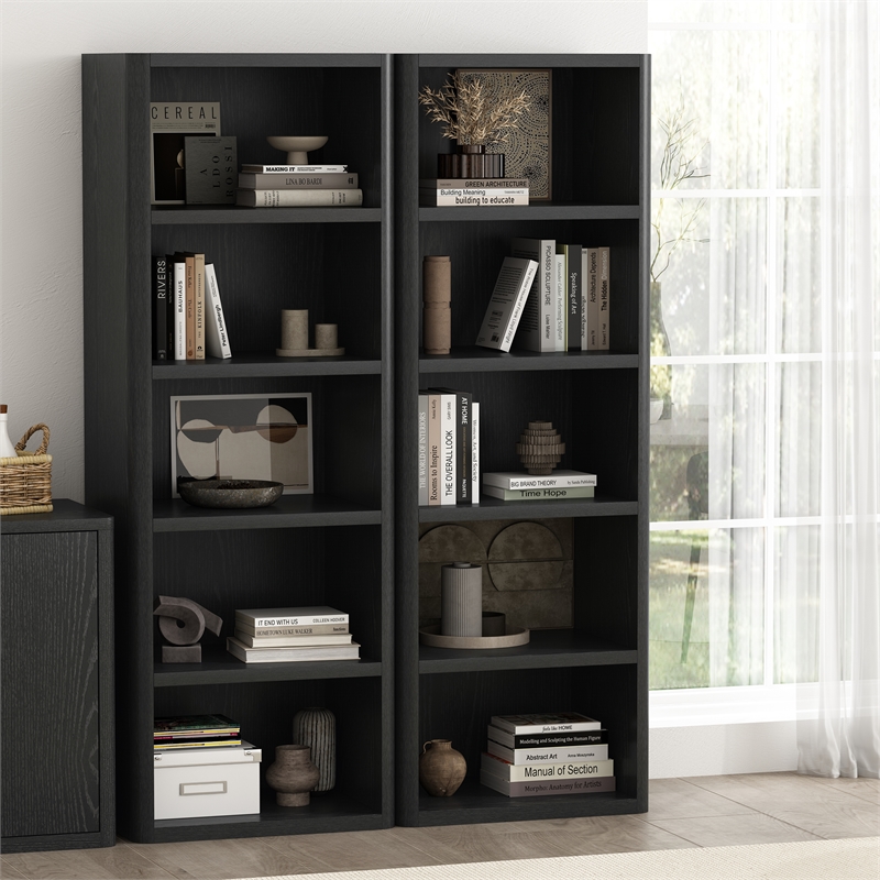Rivington Modern Open Bookcase in Black (5-Shelf) - Set of 2