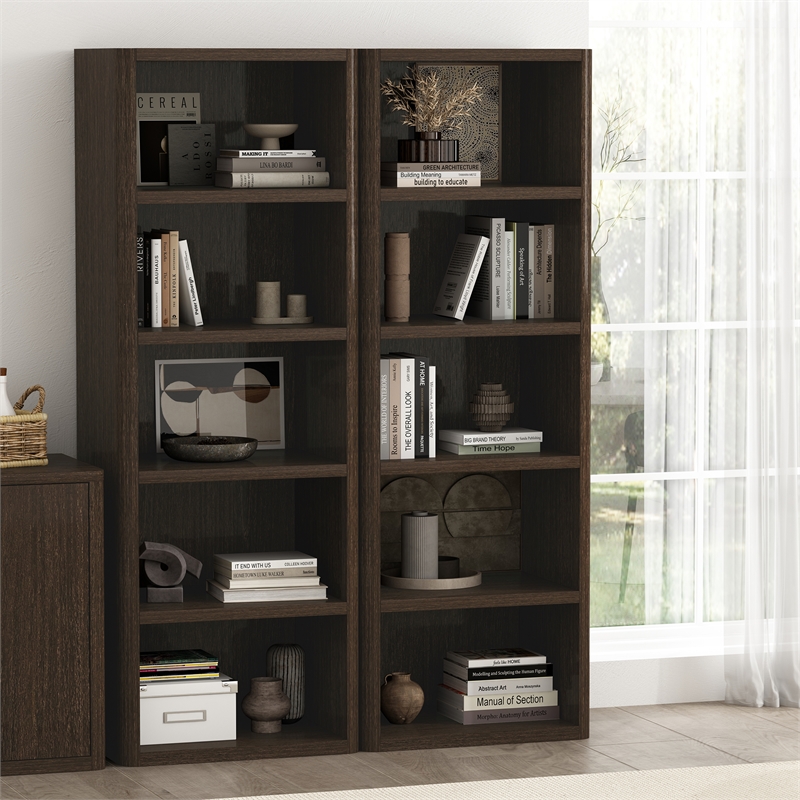 Rivington Modern Open Bookcase in Dark Walnut (5-Shelf) - Set of 2