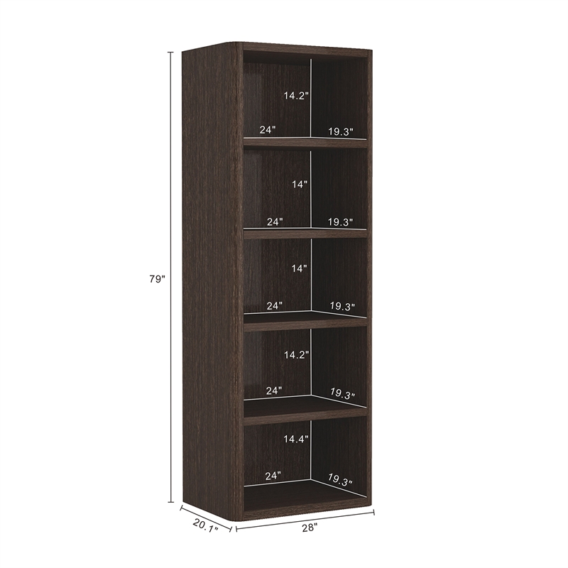 Rivington Modern Open Bookcase in Dark Walnut (5-Shelf) - Set of 2