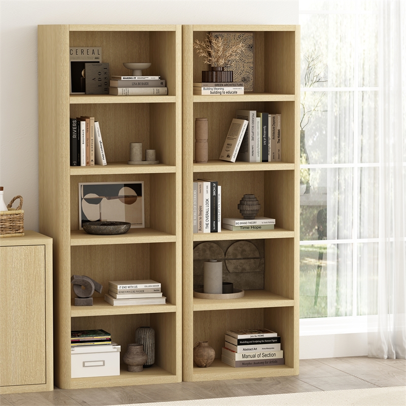 Rivington Modern Open Bookcase in Natural Oak (5-Shelf) - Set of 2