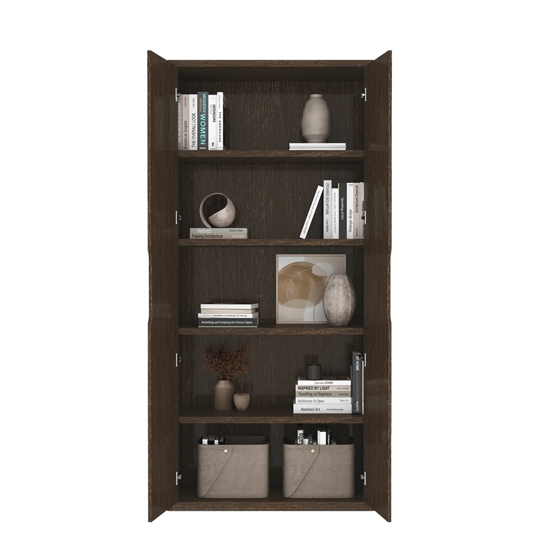 Rivington Modern Bookcase Cabinet in Walnut (5-Shelf) - Set of 2