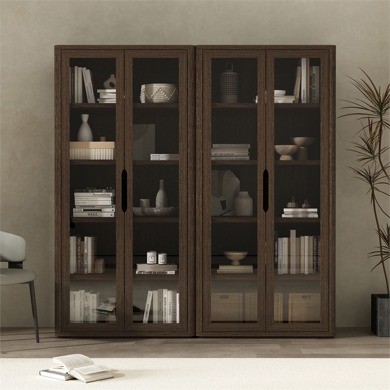 Rivington Modern Bookcase Cabinet in Walnut (5-Shelf) - Set of 2