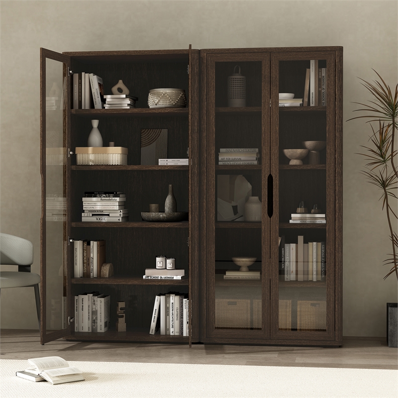 Rivington Modern Bookcase Cabinet in Walnut (5-Shelf) - Set of 2
