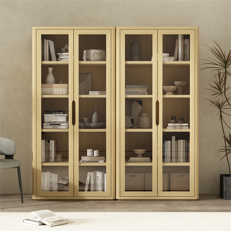 Rivington Modern Bookcase Cabinet in Natural Oak (5-Shelf) - Set of 2