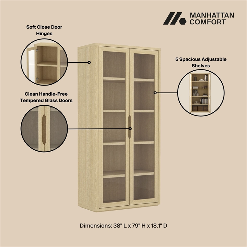 Rivington Modern Bookcase Cabinet in Natural Oak (5-Shelf) - Set of 2