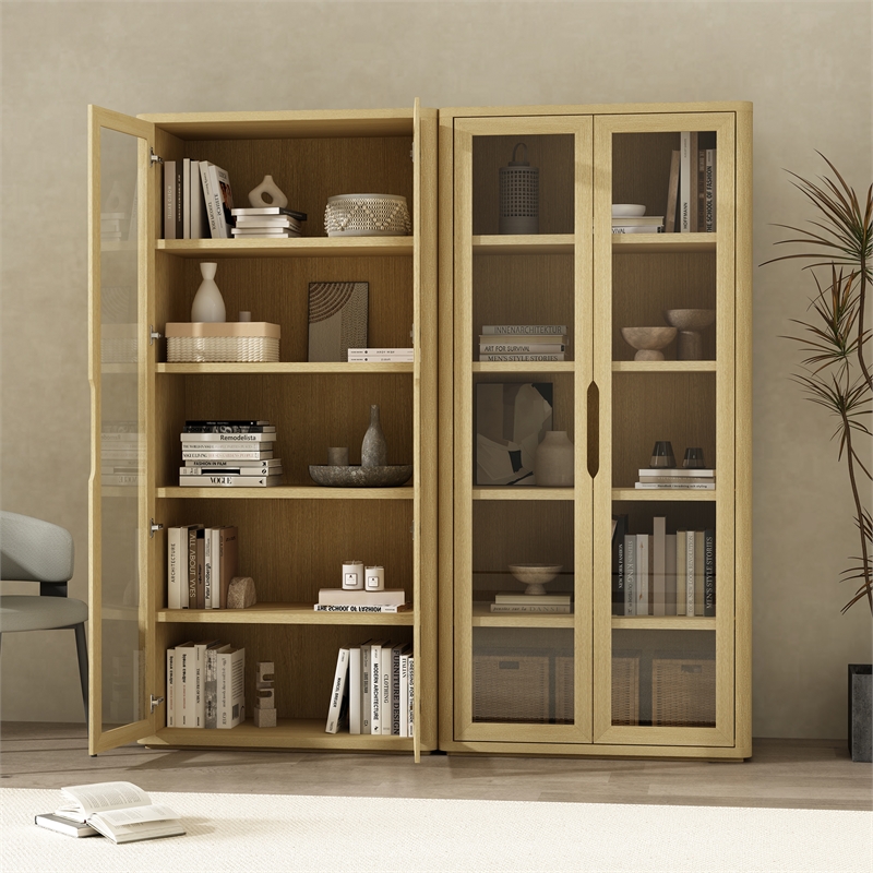 Rivington Modern Bookcase Cabinet in Natural Oak (5-Shelf) - Set of 2