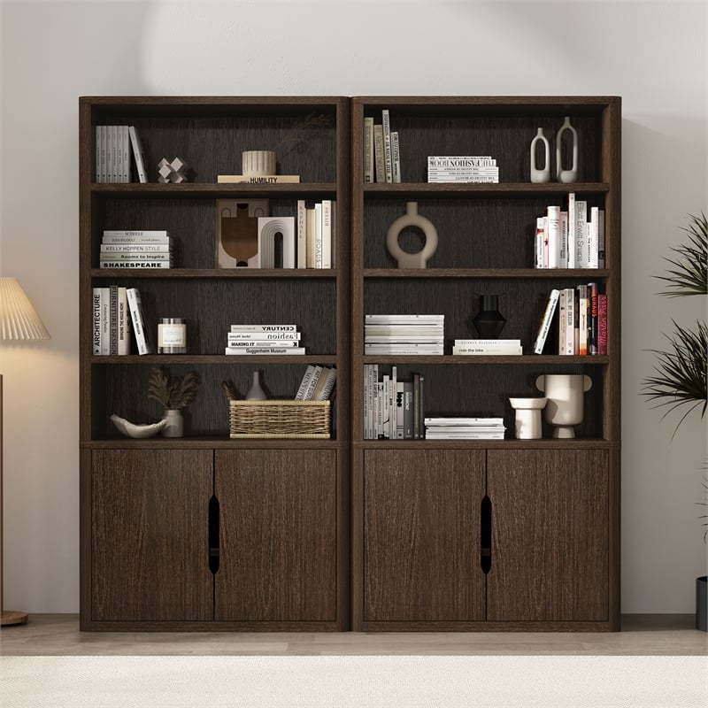 Rivington Modern Bookcase Cabinet in Walnut (4-Shelf) - Set of 2