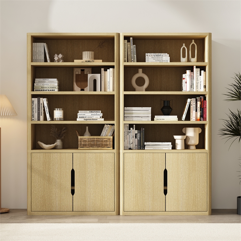 Rivington Modern Bookcase Cabinet in Natural Oak (4-Shelf) - Set of 2