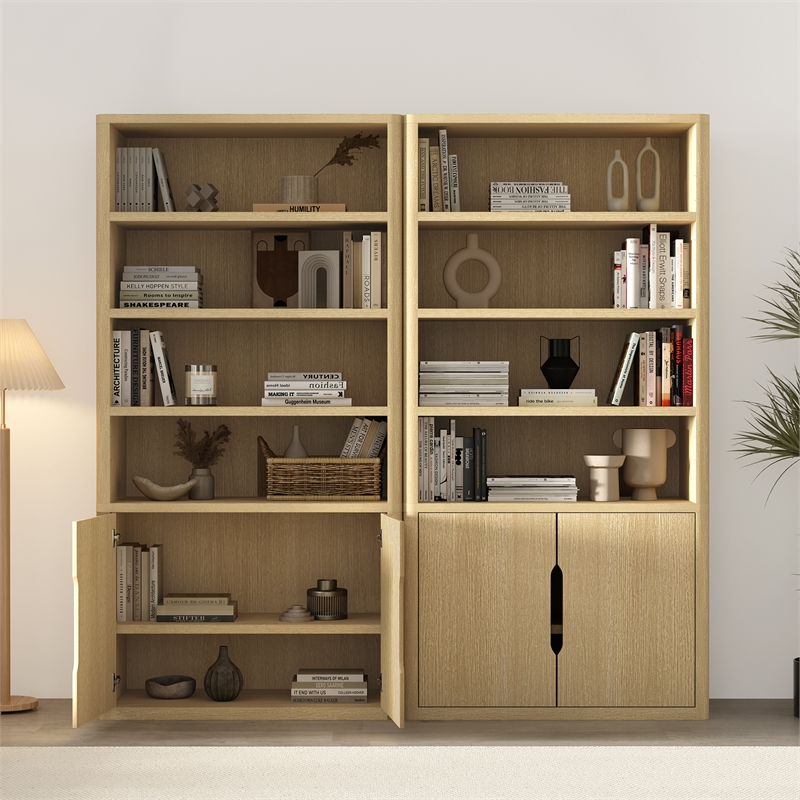 Rivington Modern Bookcase Cabinet in Natural Oak (4-Shelf) - Set of 2