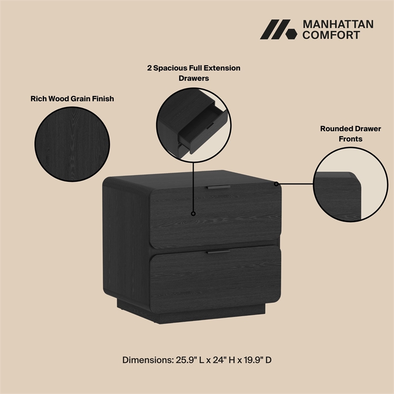 Chrystie Contemporary Modern Nightstand in Black (2-Drawer) - Set of 2