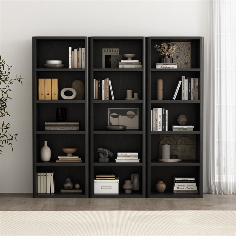 Rivington Modern Open Bookcase in Black (5-Shelf) - Set of 3