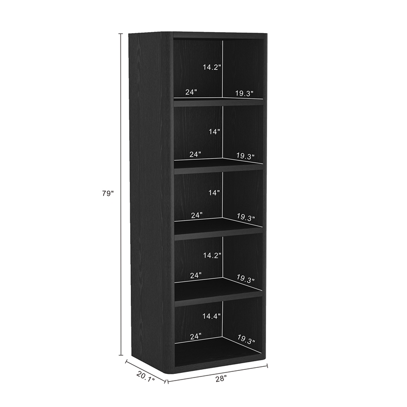 Rivington Modern Open Bookcase in Black (5-Shelf) - Set of 3