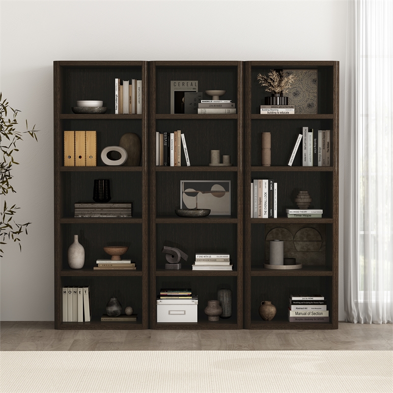 Rivington Modern Open Bookcase in Dark Walnut (5-Shelf) - Set of 3
