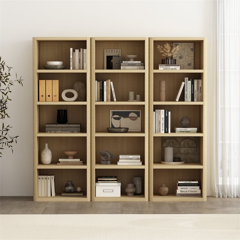 Rivington Modern Open Bookcase in Natural Oak (5-Shelf) - Set of 3