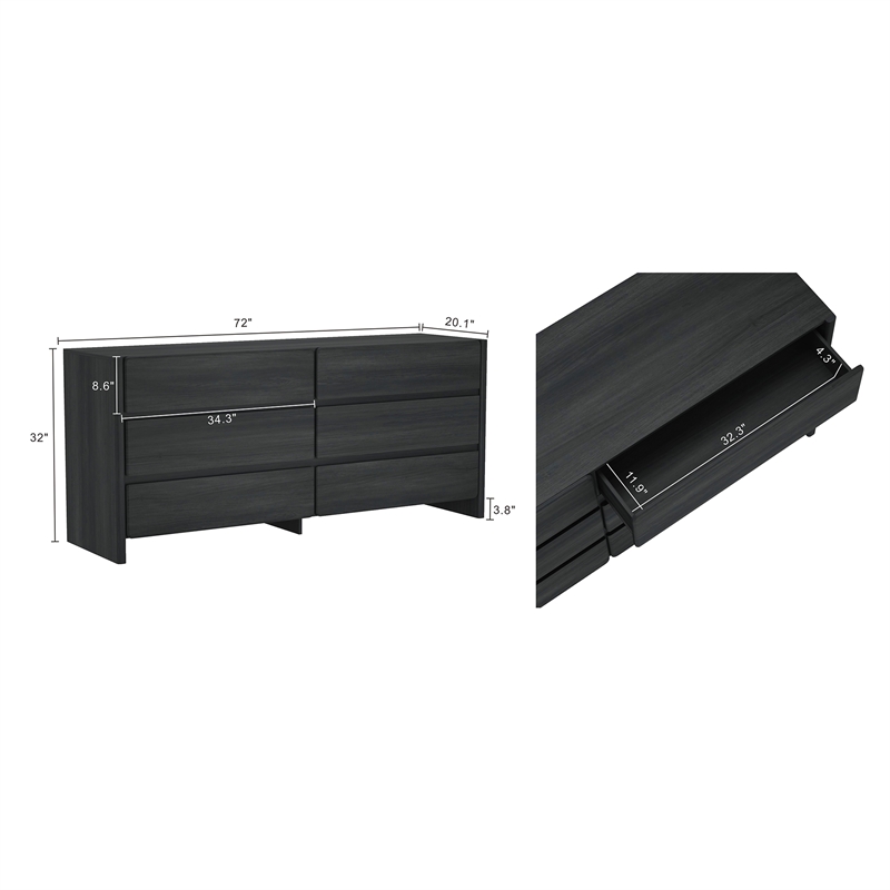 Linda Modern 2-Piece Double Wide Dresser and Nightstand in Charcoal Grey
