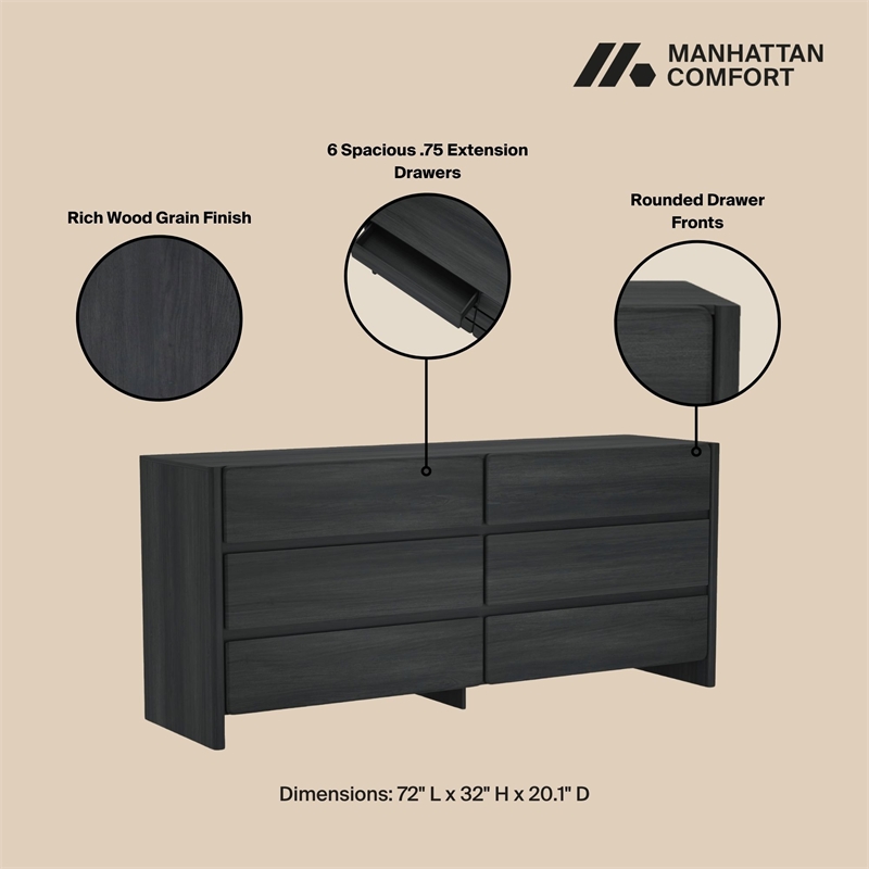 Linda Modern 2-Piece Double Wide Dresser and Nightstand in Charcoal Grey