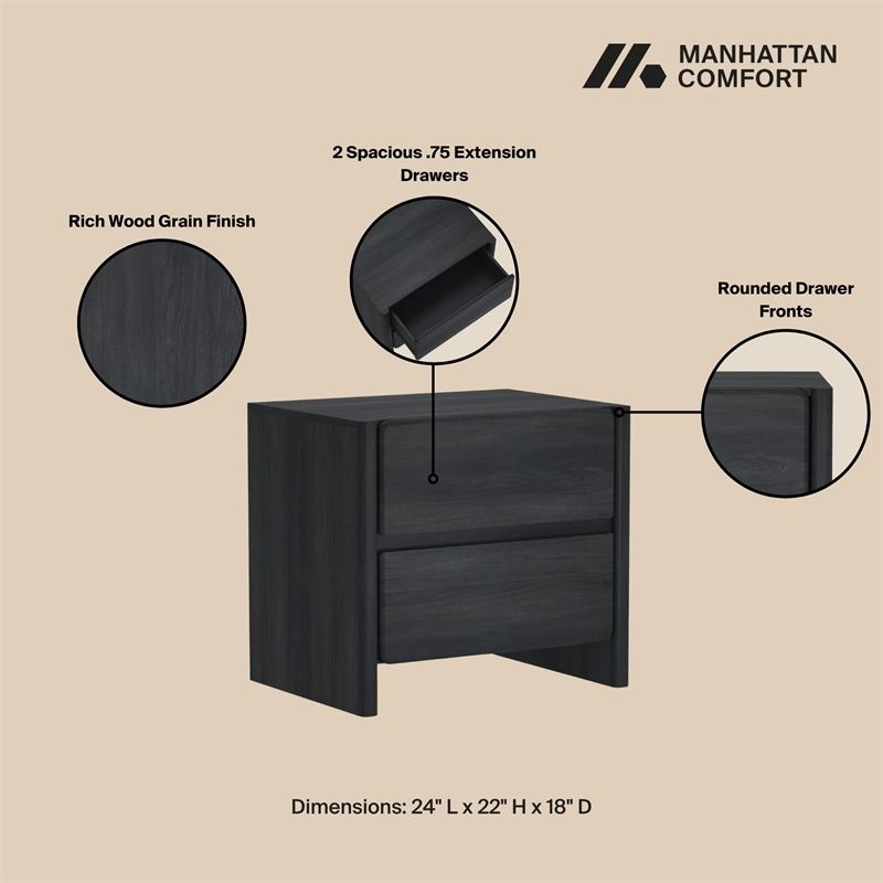 Linda Modern 2-Piece Double Wide Dresser and Nightstand in Charcoal Grey
